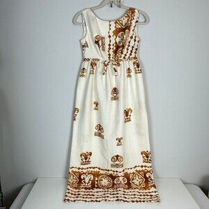 Vintage Hawaiian Aloha Maxi Dress Sleeveless Cream Brown XS 1960s
